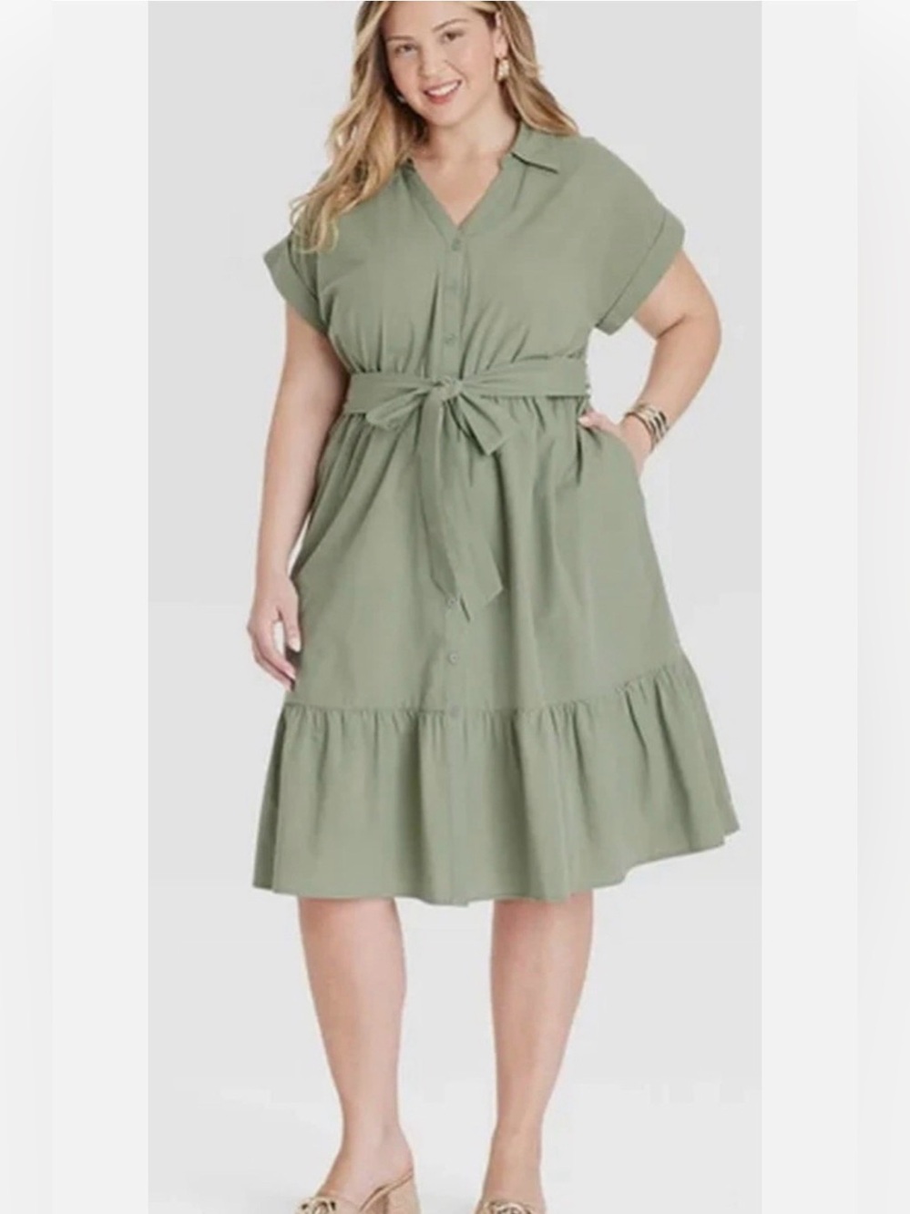Plus Size Army Green Button Down Dress with Tie Waist